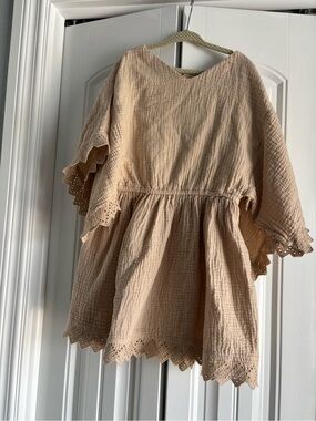 Rylee + Cru Scalloped Eyelet Cotton Dress in Beige